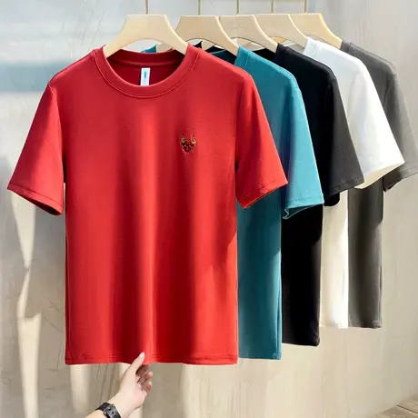 2023春夏新款本命年牛头刺绣短袖T恤韩版红色半袖T恤男打底衫上衣商品大图