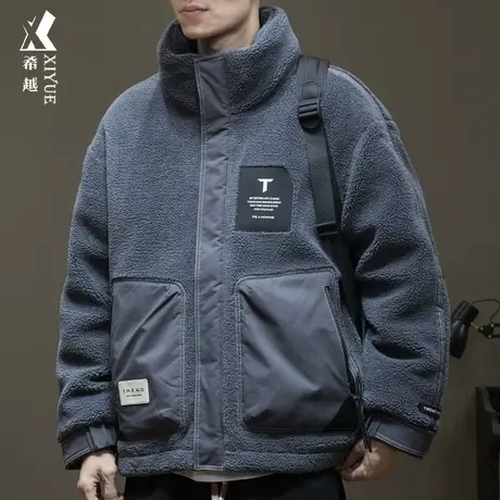 希越90鸭绒羊羔毛绒羽绒服男加绒宽松大码冬装男士潮牌摇粒绒外套商品大图