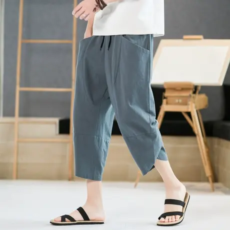 夏季薄款七分裤中国风亚麻短裤男大码阔腿休闲裤哈伦裤棉麻裤子男商品大图