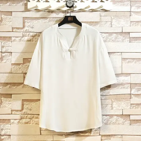 棉麻短袖T恤男新中式唐装七分袖体恤宽松大码胖子中国风男装半袖图片