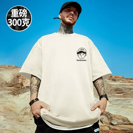日系300g重磅美式复古短袖t恤街头大码黑色圆领纯棉简约半袖男潮商品大图