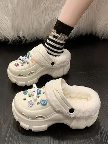 网红厚底增高毛毛拖鞋女外穿2023秋冬新款可爱卡通加绒包头棉拖鞋商品大图