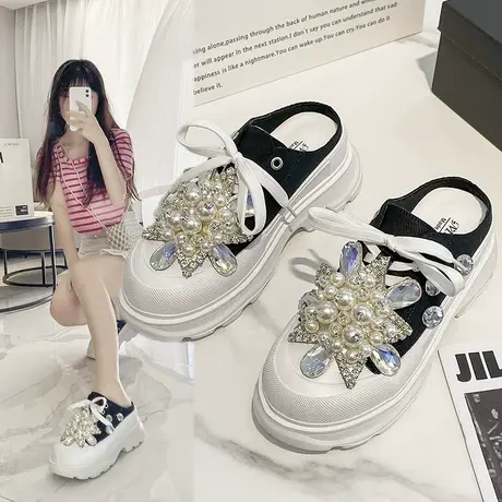 时尚包头半拖鞋女外穿厚底帆布懒人鞋2023夏秋新款水钻百搭松糕鞋图片