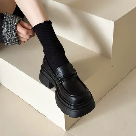 厚底粗跟英伦风小皮鞋女2024新款春秋季一脚蹬女鞋单鞋黑色乐福鞋商品大图