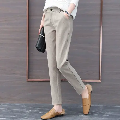 加绒哈伦毛呢裤女秋冬直筒萝卜休闲小脚小个子九分显瘦烟管西装裤商品大图