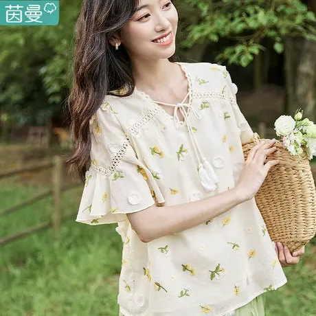 茵曼设计感小众夏天衬衣2023女装新款V领喇叭袖上衣衬衫宽松刺绣商品大图