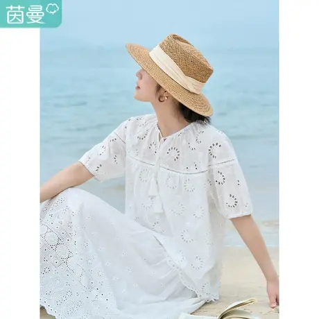 茵曼复古优雅衬衫2023夏女装新款镂空V领抽褶花苞袖短袖宽松上衣图片