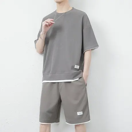 华夫格短裤套装男士夏季冰丝短袖男装一套搭配帅气潮牌休闲运动服商品大图