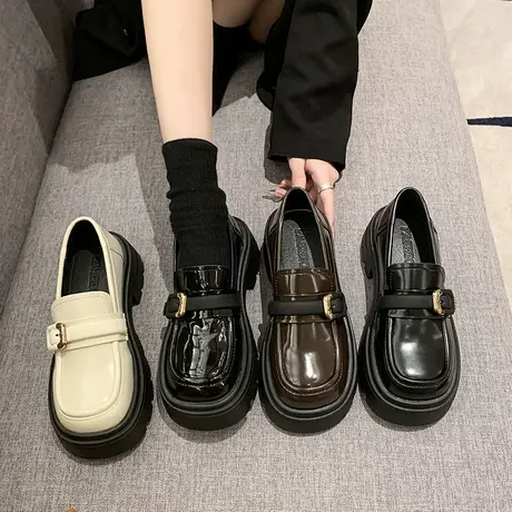 复古一脚蹬乐福鞋女2024年新款小个子厚底单鞋英伦风粗跟小皮鞋潮商品大图