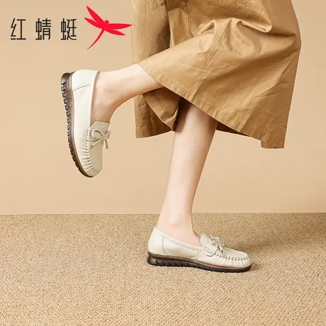 红蜻蜓2025春夏新款休闲女单鞋舒适平底妈妈鞋厚底简约真皮乐福鞋商品大图