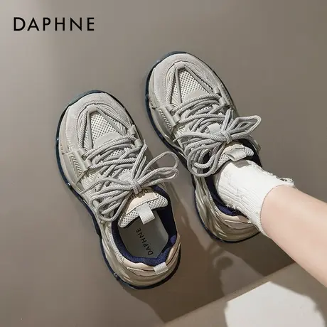 达芙妮真皮老爹鞋女款2025春季爆款厚底灰色不累脚跑步休闲运动鞋商品大图