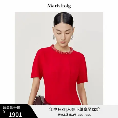 【商场同款】玛丝菲尔春新款领口钉珠设计红色连衣裙会礼服裙图片