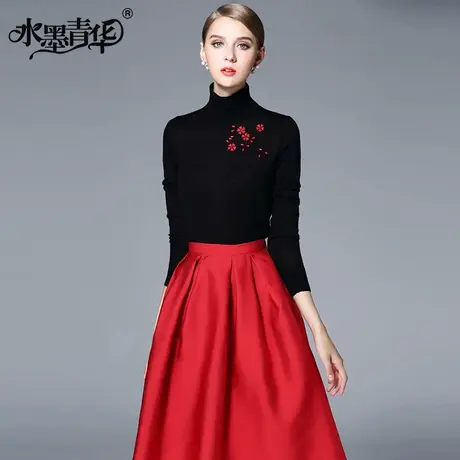 【1件7.9折】秋装新品保暖百搭女上衣高领修身黑色绣花羊毛打底衫图片