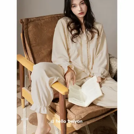 贝妍珊瑚绒睡衣女款秋冬季甜美V领长袖家居服保暖海岛绒纯色套装图片