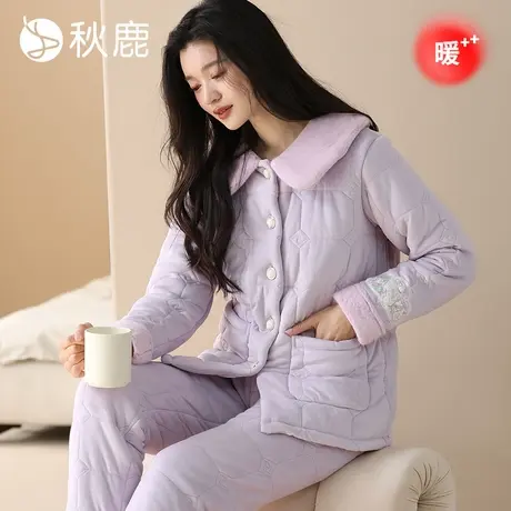 秋鹿【防静电】中国风三层加厚夹棉睡衣女秋冬新款棉袄家居服套装商品大图