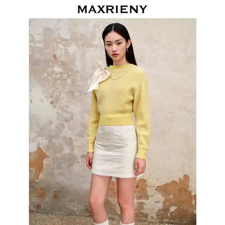 MAXRIENY精致复古感套头针织毛衫2023秋冬新款截短蝴蝶结毛衣女商品大图