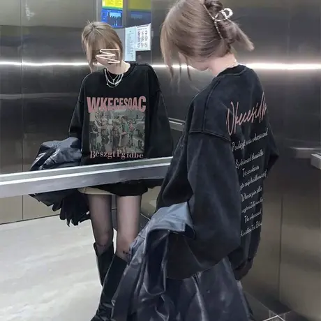 hiphop美式高街风加绒卫衣女大码加绒ins潮秋冬复古炸街加厚上衣商品大图