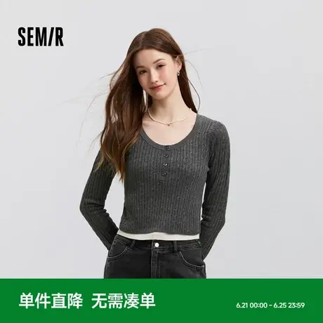 森马毛衣女短款假两件修身显瘦2025春季新款紧身绞花毛衫打底上衣商品大图
