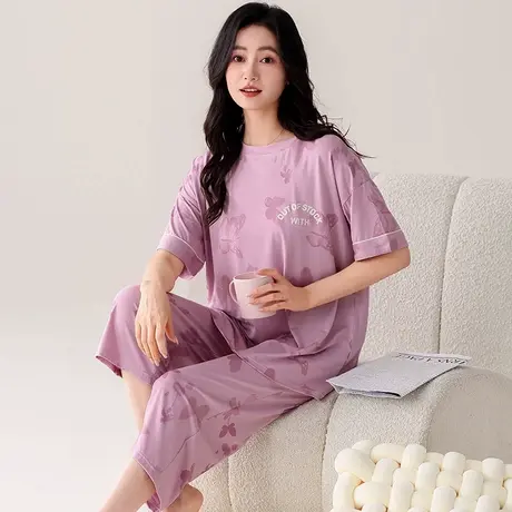 浪莎莫代尔睡衣女夏季短袖薄款可外穿中老年妈妈七分裤加大码套装商品大图