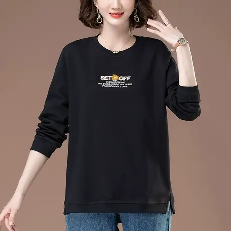 卫衣女春秋薄款宽松加肥加大码女装中年妈妈休闲遮肚显瘦长袖上衣商品大图