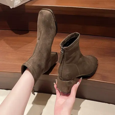 法式粗跟短靴女2025新款秋季复古百搭气质瘦瘦靴绒面高级感马丁靴商品大图