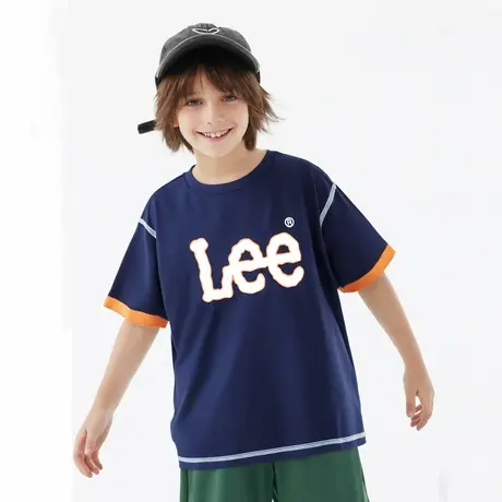 lee童装字母印花拼接短袖t恤男女童2025年夏季宽松休闲体恤上衣图片