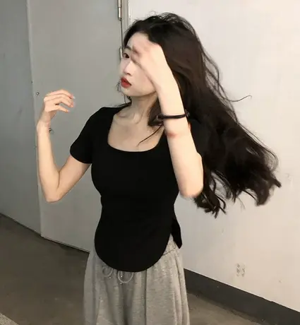 正肩短款上衣chic港味t恤设计感小众女装短袖2023年新款夏季ins潮商品大图