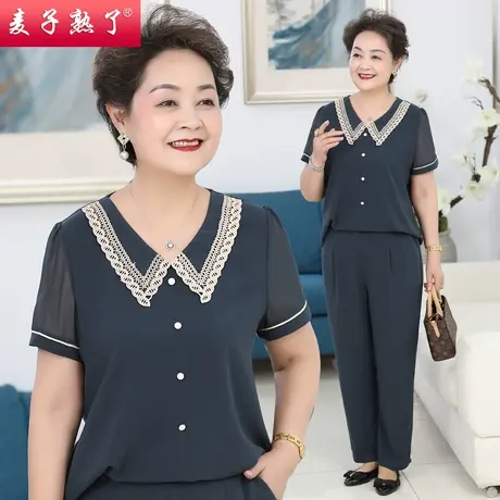 妈妈夏装2022新款气质休闲两件套阔太太老年人上衣裤子中老年女装图片
