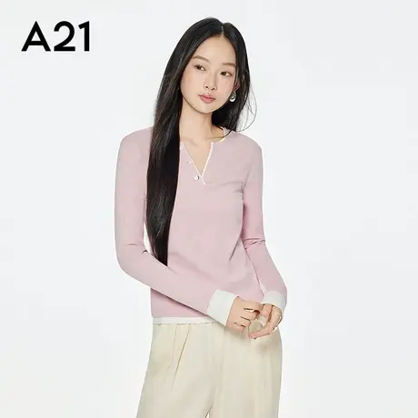 A21女装拼接撞色假两件长袖T恤2025秋季新款简约设计感V领上衣商品大图