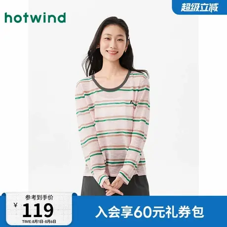 热风上衣2025年春季新款女士圆领条纹针织衫韩系多巴胺罩衫打底衫商品大图