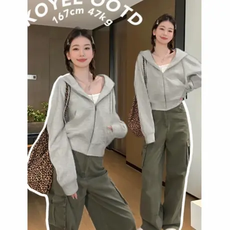 灰色短款连帽卫衣拉链初秋外套女2025春秋修身小个子开衫薄款上衣图片
