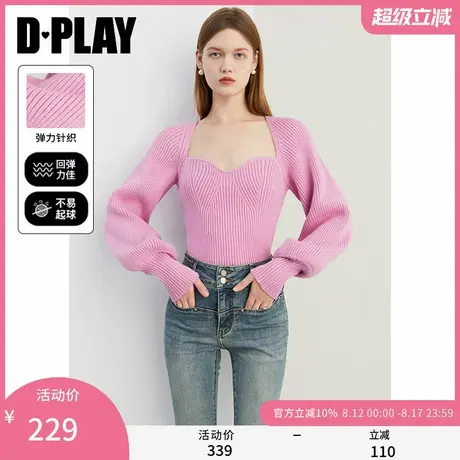 DPLAY2025秋季新款气质粉色毛衣女美背领粗针套头针织衫上衣长袖图片