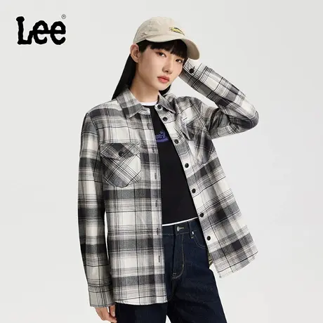 Lee商场同款25秋冬新品舒适版翻领格纹设计深灰色女长袖衬衫休闲商品大图