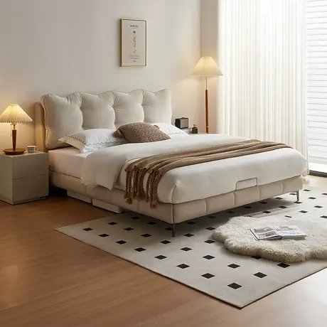 全友家居奶油风现代简约泡芙布艺床女生卧室双人软包大床1.8米床商品大图