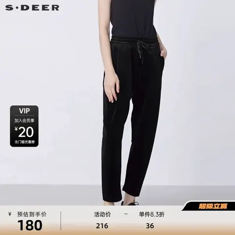 sdeer圣迪奥女装抽绳松紧压褶灯芯绒黑色长裤S21480813图片