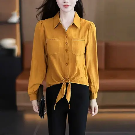 拉夏贝尔POLO领时尚长袖衬衫女2025秋气质纯色下摆系带遮肚子上衣图片