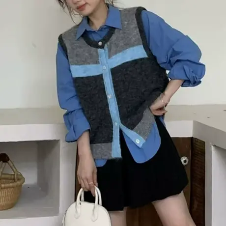 针织马甲女2025秋季新款韩版圆领叠穿无袖坎肩毛衣背心外穿学院风商品大图