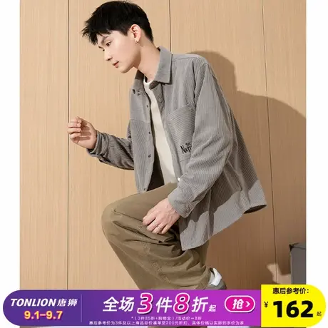 唐狮2024秋冬新款男翻领前胸单口袋文字绣花拼接休闲灯芯绒衬衫潮商品大图