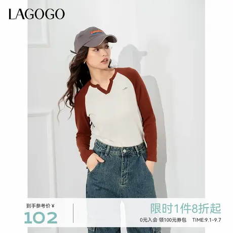 蓄热保暖LAGOGO撞色插肩袖V领长袖T恤女拉谷谷2025秋新款舒适上衣图片