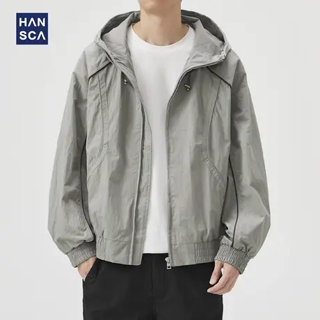 hansca户外轻薄防风连帽冲锋衣夹克男2025秋季宽松褶皱肌理感外套商品大图