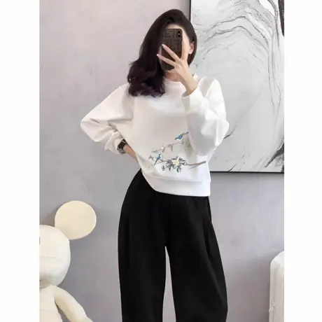 白色短款卫衣女高腰早秋薄款圆领小个子韩版宽松设计感小众上衣潮商品大图