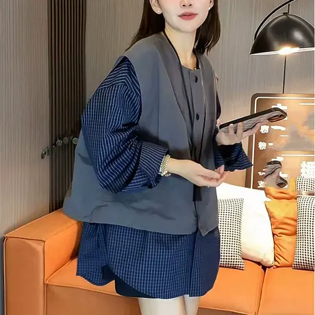 拼接假两件长袖衬衫女2025秋季韩版时尚休闲宽松百搭慵懒开衫上衣商品大图