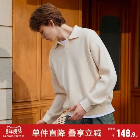唐狮2026春季新款男海鸥领毛衣男净色简约风休闲慵懒感宽松翻领图片