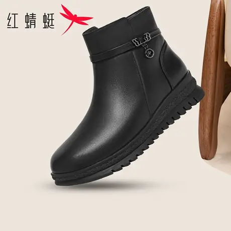 红蜻蜓女鞋2025冬季羊毛保暖厚底短筒靴时尚休闲防滑中年妈妈棉鞋图片