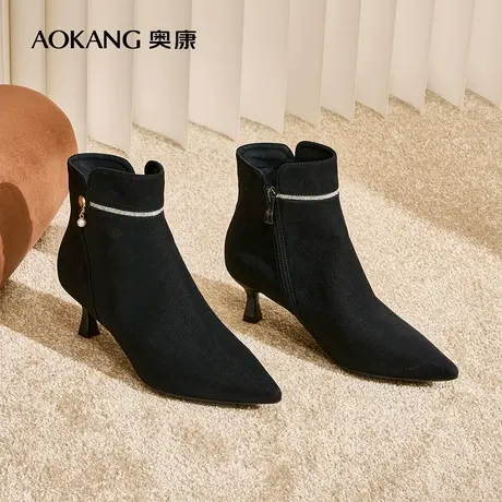 奥康女鞋 冬新款细跟尖头时装靴气质短靴薄绒保暖小猫跟图片