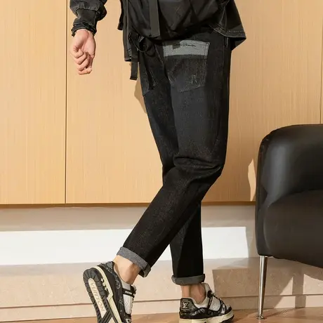 唐狮春秋季牛仔裤男直筒裤微弹水洗潮流时尚设计感黑色裤子男TD商品大图