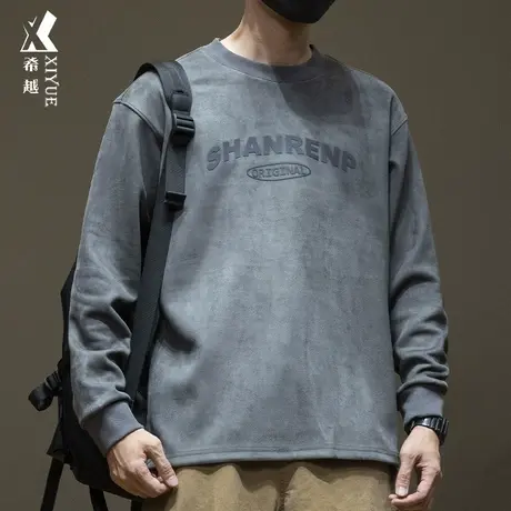 希越麂皮绒重磅长袖T恤男士秋冬款美式复古印花宽松大码t恤打底衫商品大图