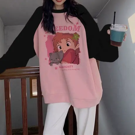 粉拼黑圆领卫衣女oversize大码秋冬加绒上衣山东即墨ins韩系外套商品大图