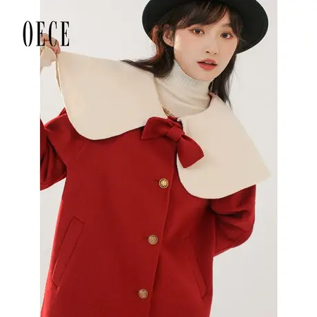 【买1送1】Oece复古毛呢外套冬新款女装大翻领设计感羊毛呢子大衣图片
