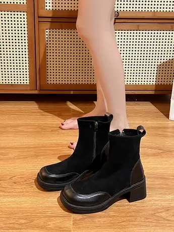 高跟短靴女靴子2023新款秋冬韩系粗跟小踝靴弹力瘦瘦靴切尔西单靴图片